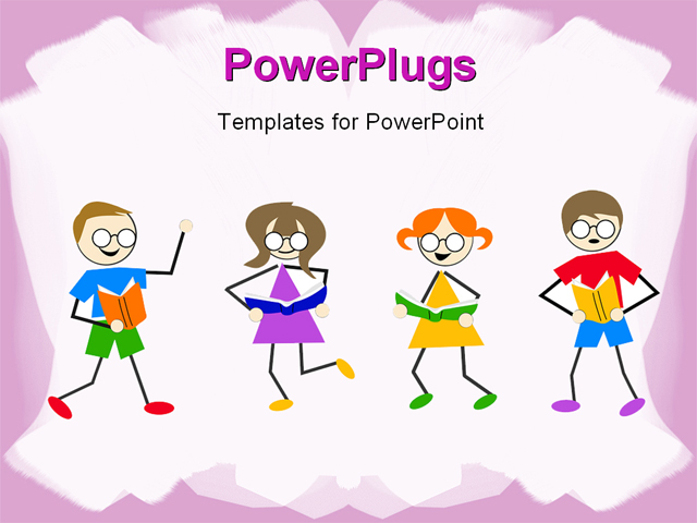 Powerpoint Template Little Kids Dancing And Reading Book On White Background With Pink Frames Reading Powerpoint Template