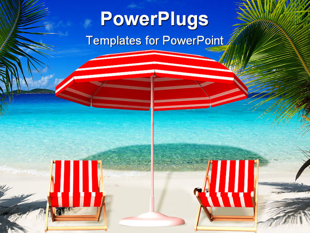 PowerPoint Template about red beach chair, umbrella, beach