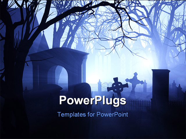 PowerPoint Template Displaying Foggy Cemetery with Leaning Grave Markers and Trees