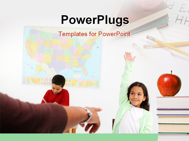 Powerpoint Template Classroom Depiction With Teacher Students And Red Apple On Book Pile 7383 Classroom Powerpoint Templates