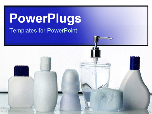 PowerPoint Template Displaying One Clear and Four White Soap Containers and White Bar Soap