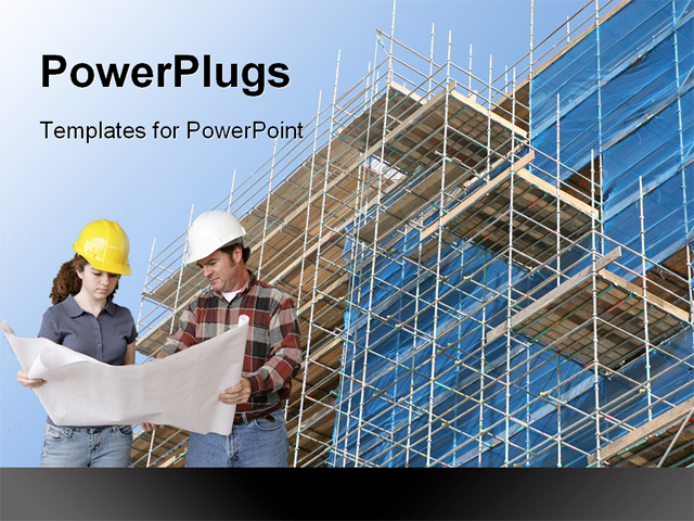 Powerpoint Template Woman And Man Builders Holding A Blueprint Of A Building Standing In Front Powerpoint Templates Building Construction