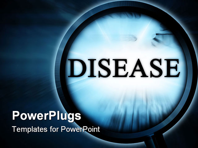 Disease On A Blue Background With A Magnifier Powerpoint Template Background Of Ads Alert Disease Powerpoint Template