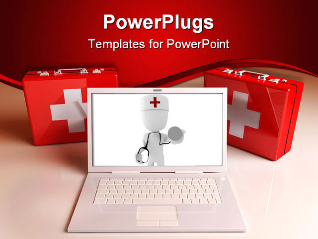 Powerpoint Template White Laptop With 3d White Figure On Screen Doctor With Red Cross And Aid Powerpoint Template