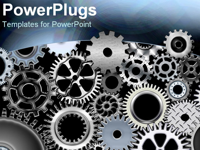 Powerpoint Template Metal Gears And Wheels Turning Machines As A Metaphor On A Grey Background Powerpoint Templates For Machines
