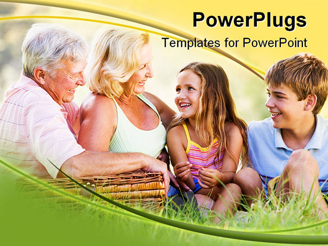 PowerPoint Template about grandparents having a picnic, grandchildren, talking