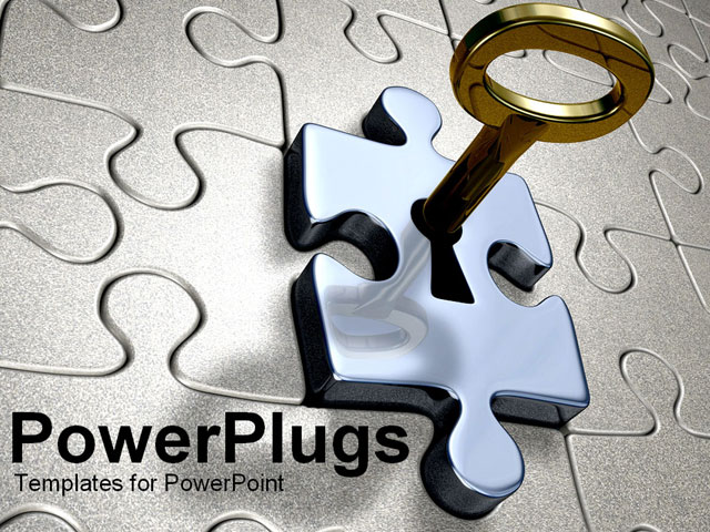 PowerPoint Template Displaying the Gold Key Unlocking the Silver Puzzle Lock Metaphor