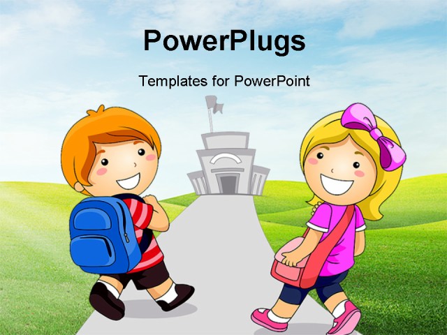 PowerPoint Template Displaying Young Boy and Girl Going to School