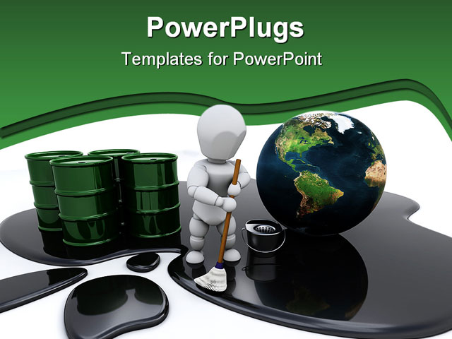 PowerPoint Template about man cleaning, oil spill, barrel