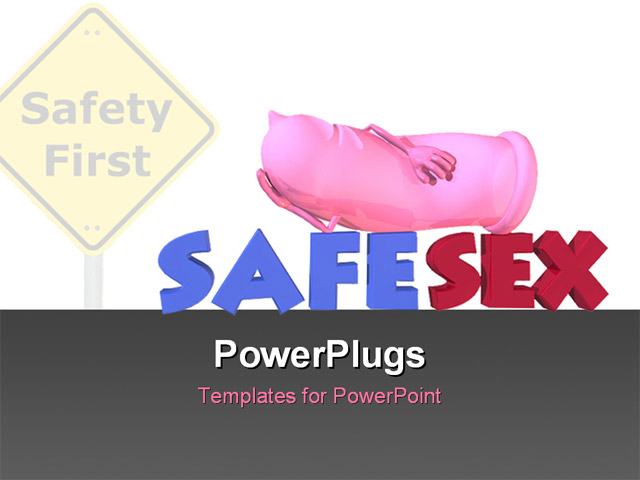 PowerPoint Template Displaying Road Sign Reads Safety First with Pink Colored Condom Advocating Safe Sex