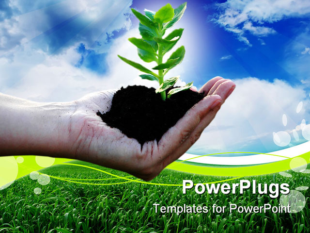 PowerPoint Template about sustainable development-green plant in woman`s palm, blue, clouds