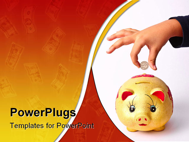 PowerPoint Template about hand putting money into saving pig, theme, bank