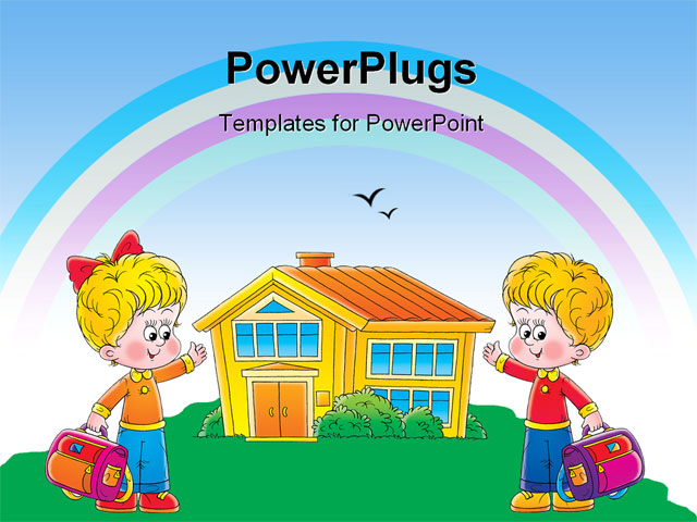 Powerpoint Template Two Children Cartoon Characters Holding School Bags And Pointing To A House Children S Book Powerpoint Template