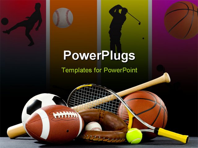 PowerPoint Template: Variety of sports equipment on a black background