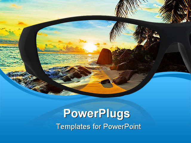 PowerPoint Template about sunglasses and seascape reflection, background, beach