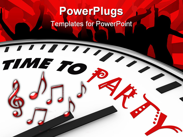 PowerPoint Template about time to party, clock, celebration