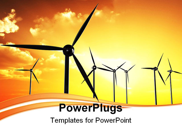 PowerPoint Template about wind turbines in sunset, alpha, clouds