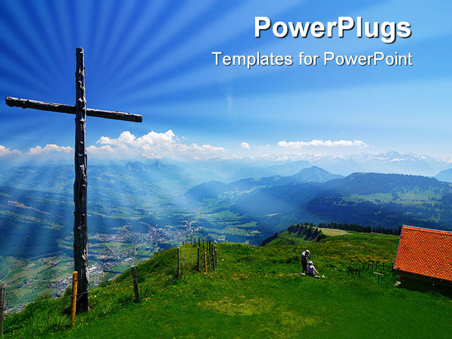 PowerPoint Template about wooden cross, christian, clouds