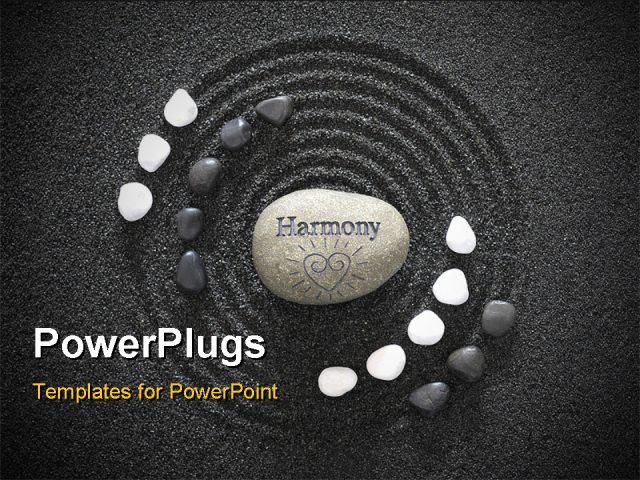 Zen Garden In Black Sand With Stone Of Harmony Powerpoint Template Background Of Religion Presentation Zen Powerpoint Templates